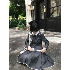 批发夏日和风铃设计 jk 水手领制服波点学院千金风蕾丝套装