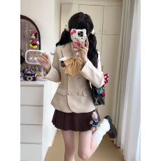 批发双排扣西装收腰西服粉色萌妹长袖闺蜜装翅膀jk学院风套装