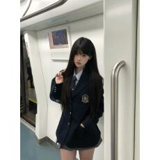 批发JK制服藏青色西装外套女新款学院风校供感西服套装