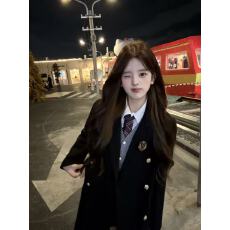 批发学院原创正版日系JK制服<b class='q'>秋</b>冬黑色毛呢长款大衣外套套装女