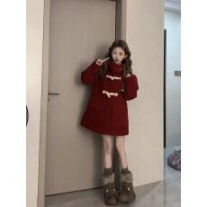 批发牛角扣毛呢外套女冬季战袍学院风呢子<b class='q'>大</b>衣圣诞新年款红色