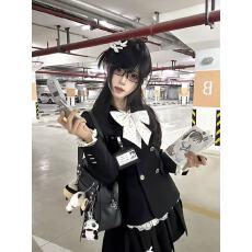 批发黑色学姐风jk制服<b class='q'>双排扣</b>收腰西服套装学院蕾丝花边衬衣