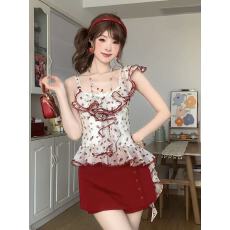 批发荷叶边飘带碎花吊带背心女外穿<b class='q'>夏季</b>纯欲修身显瘦露肩上衣裙套装