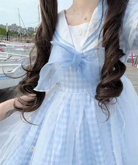 여름 작은 데이지 작은 청신 귀여운 부드러운 자매 긴팔 드레스 체크무늬 빛 lo 유럽 오간자 학원 스타일