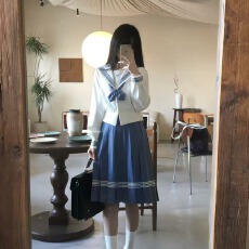 批发水聆音JK蓝色制服女套装学院风<b class='q'>春</b>夏季长袖衬衫水手服上衣中裙套装