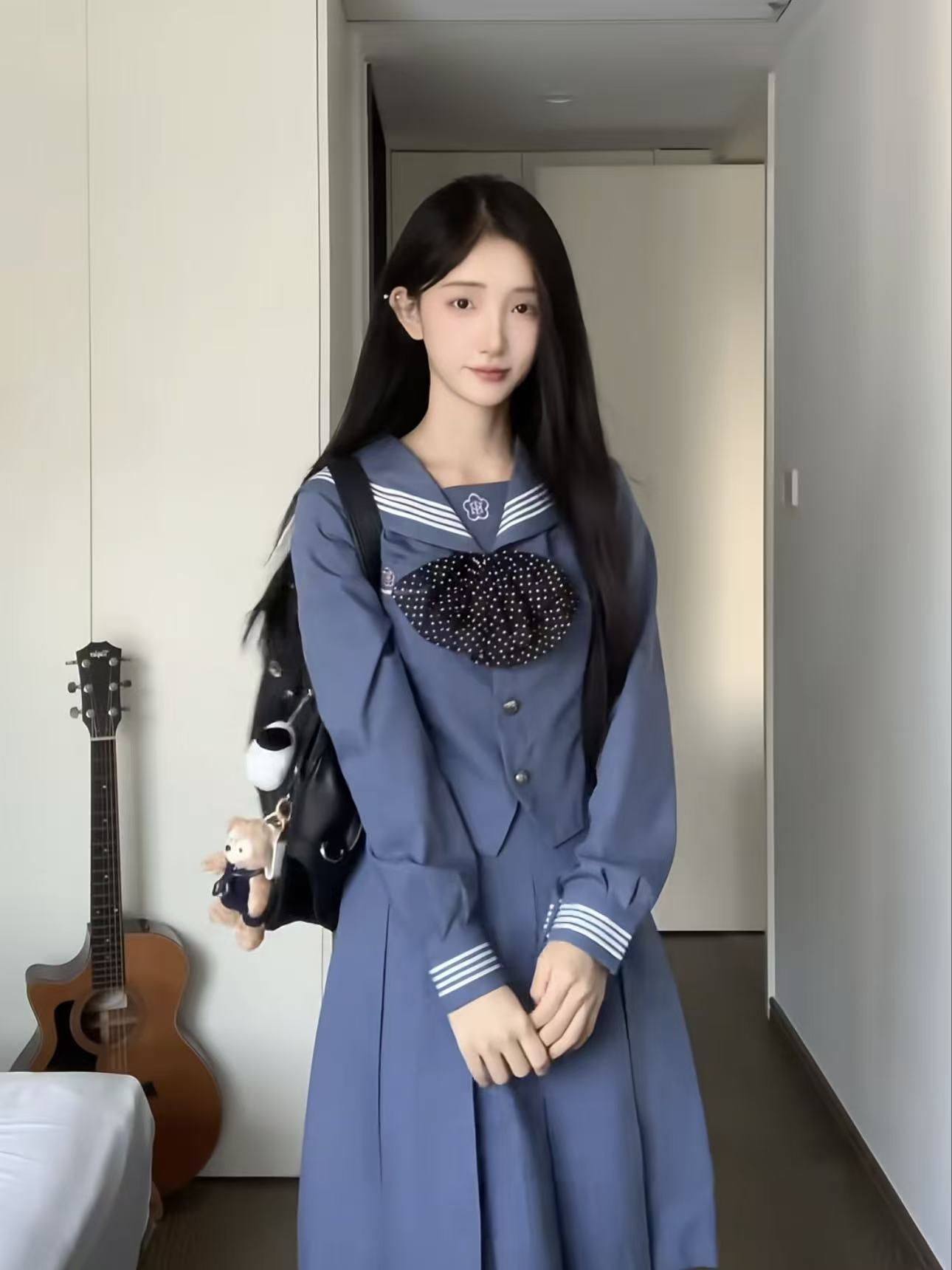 물 옥 구마모토 블루 오리지널 정품 일본식 jk 유니폼 봄 신제품 쇼 와 센스 학교 들어 허리 수축 슬림해 보이는 세일러복