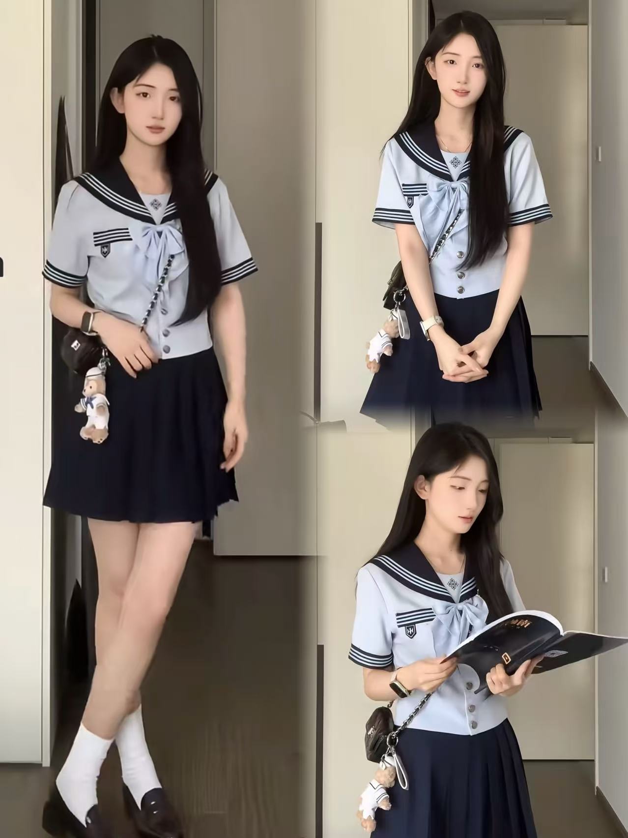 위문하다 나비 여자 여름 허리 수축 선원 jk 유니폼 여성복 하이웨이스트 슬림해 보이는 A라인 스커트 단색 이야기