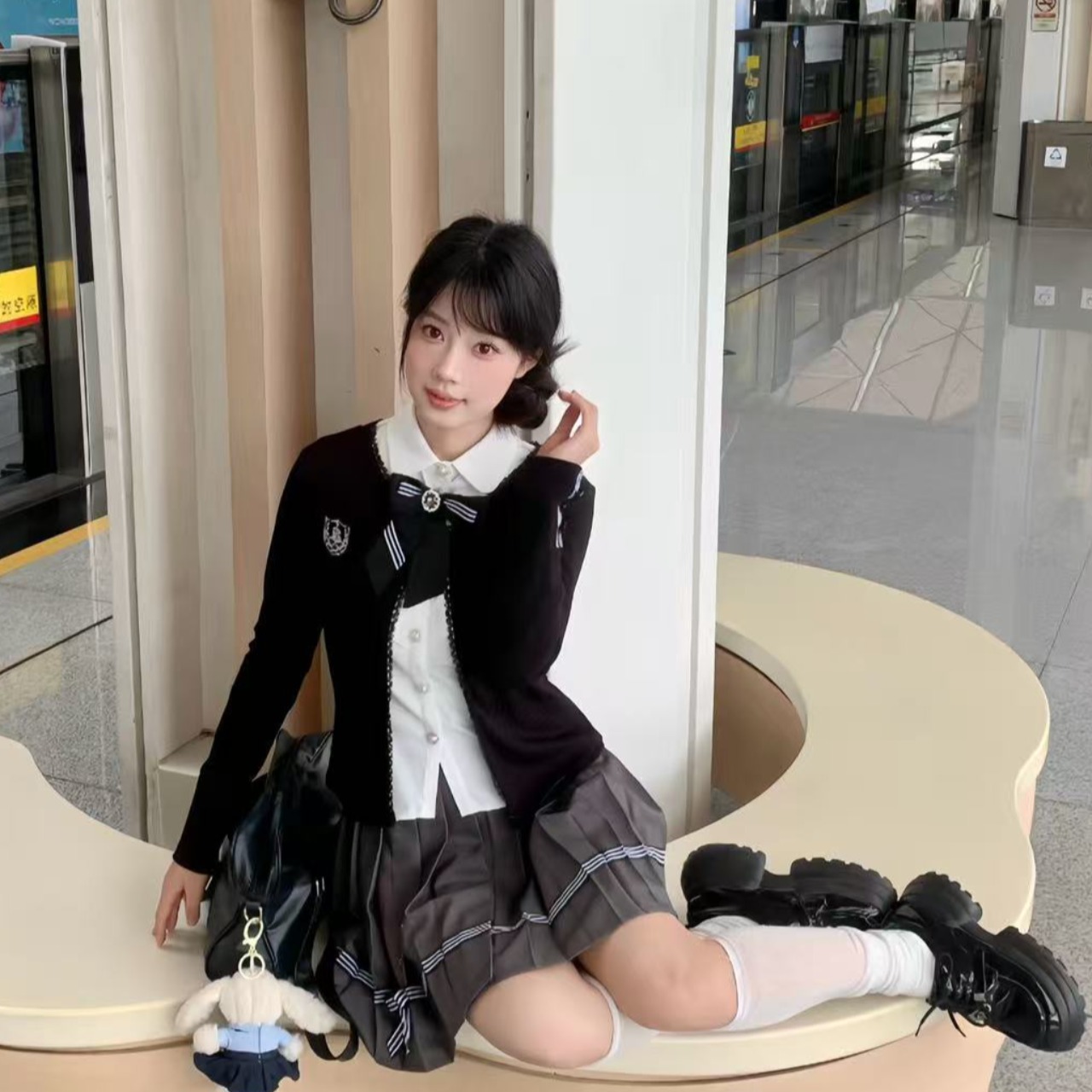 실사 한 부서 학원 스타일 세트 jk 유니폼 오픈 가디건 플리츠 스커트 여성 셔츠 봄 여름