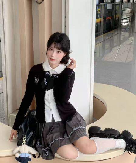 실사 한 부서 학원 스타일 세트 jk 유니폼 오픈 가디건 플리츠 스커트 여성 셔츠 봄 여름