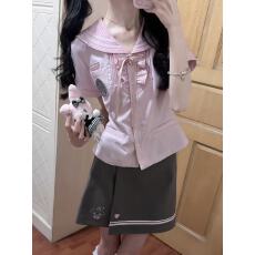 批发*韩式制服水手领短袖上衣女<b class='q'>夏</b>新款半身裙刺绣学院风