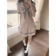 批发lulu cake双排扣收腰短袖水手服粉色<b class='q'>夏</b>季日系制服学院风套装