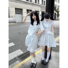 批发须弥芥子水色系<b class='q'>夏</b>服JK套装水手服mini袖格纹伞裙蕾丝中短裙