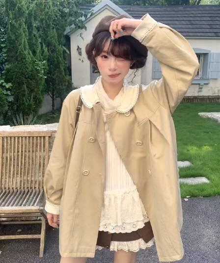 가을의 날 우유 살구 한 부서 소녀 이중층 자수 레이스 베이비 칼라 나비 매듭 한 마디 가을 바람막이 루즈핏 재킷