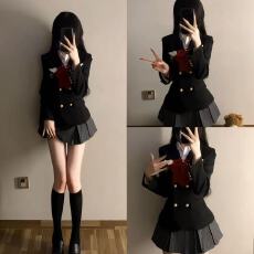 批发饭饭少女家双排扣西装收腰西服黑色萌妹长袖闺蜜装秋冬jk学院风
