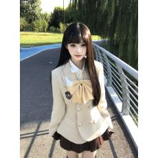 批发饭饭少女家双排扣西装收腰西服杏色萌妹长袖装秋冬jk学院风