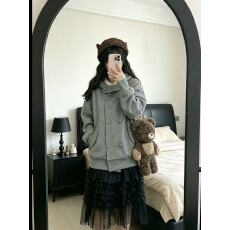 批发实拍 韩式学院风双排扣连帽<b class='q'>开衫</b><b class='q'>卫衣</b>女秋季宽松百搭灰色外套