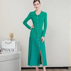 批发025欧美<b class='q'>秋</b>冬季速卖通新款女装长袖针织A字长裙名媛收腰开叉连衣裙