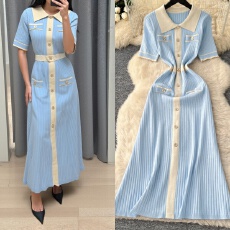 批发跨境欧美裙子春夏新款撞色POLO领短袖黑色长裙<b class='q'>修身</b>收腰针织<b class='q'>连衣裙</b>