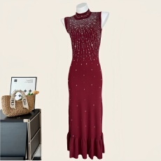 批发26跨境法式夏季新款闪亮烫钻无袖包臀紧身长款连衣裙名媛派对晚宴
