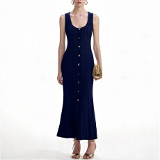 批发2026夏季新款女装高品质无袖收腰<b class='q'>欧美</b>风INS针织连衣裙长款开叉裙