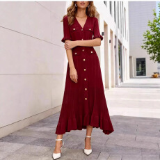 批发2026年夏季新款V领短袖女士裙跨境<b class='q'>欧美</b>新款修身显瘦a字针织连衣裙