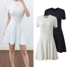 批发2026夏季新款白色小香风短袖针织<b class='q'>连衣裙</b>收腰显瘦气质名媛A字短裙