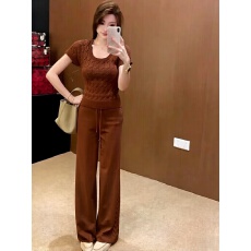 批发欧美女装跨境时尚休闲阔腿裤＋圆领短袖上衣纯色修身两件套春套装