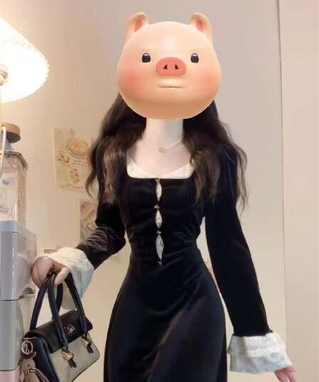 실사 빅 사이즈 장미 매너 프랑스식 궁정 하이웨이스트 슬림해 보이는 레이스 배색 벨벳 드레스