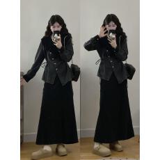 批发实拍大码女装美拉德牛仔拼接<b class='q'>外套</b>秋冬灯芯绒半身裙套装<b class='q'>胖</b><b class='q'>mm</b>显瘦