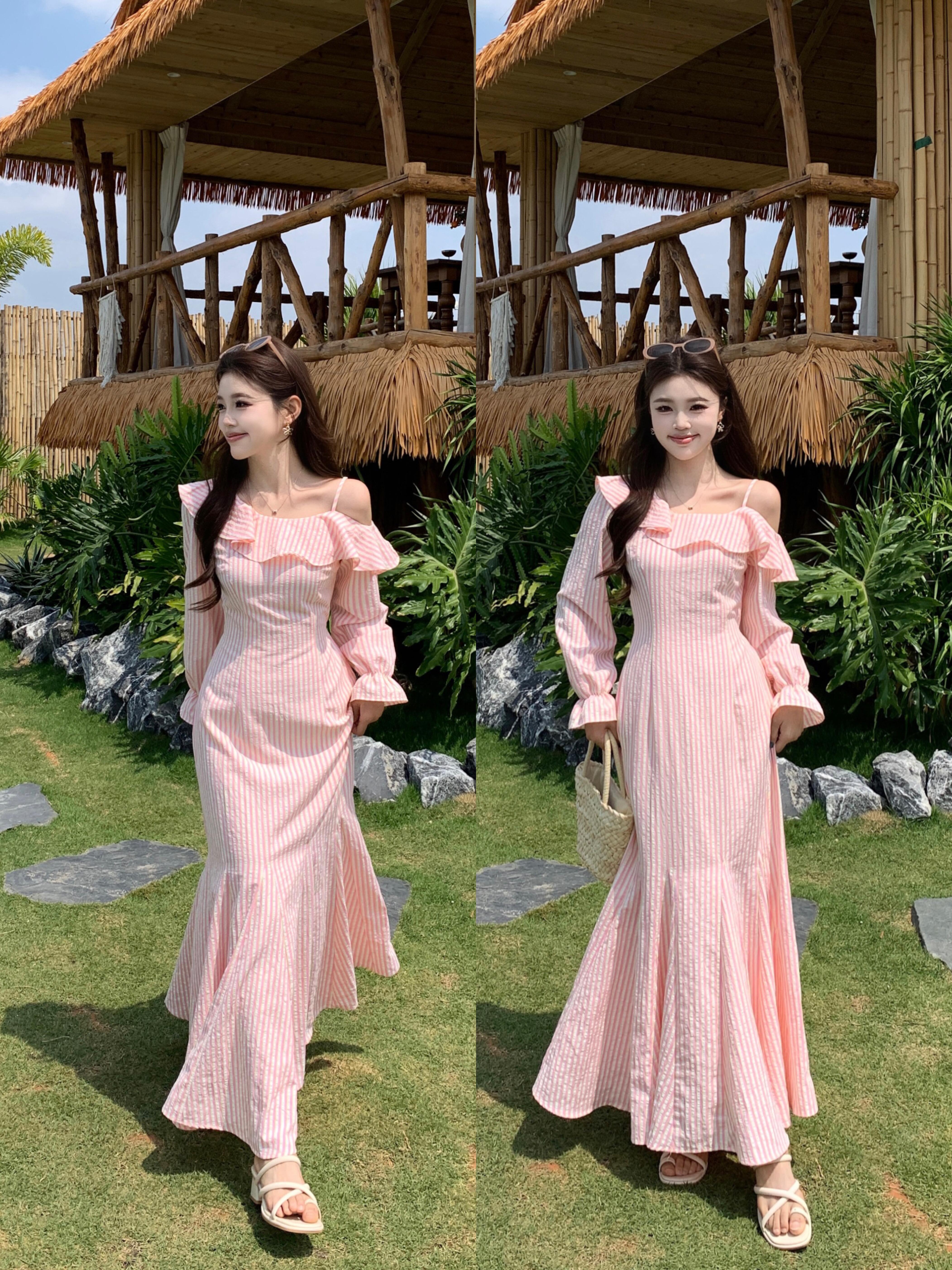 실사 빅 사이즈 복숭아 심장 스트라이프 한국 스타일 스트라이프 오프숄더 여성 드레스 휴가 바람 긴팔 큰 진자 인어 꼬리 스커트