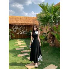 批发实拍<b class='q'>大码</b>新中式立领无袖蕾丝刺绣针织<b class='q'>连衣裙</b>垂感高腰A字长裙<b class='q'>夏</b>