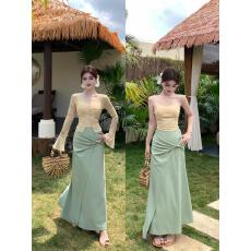 批发实拍大码<b class='q'>木</b>檐栖光法式蝴蝶结开衫吊带套装绿色半身裙三件套女