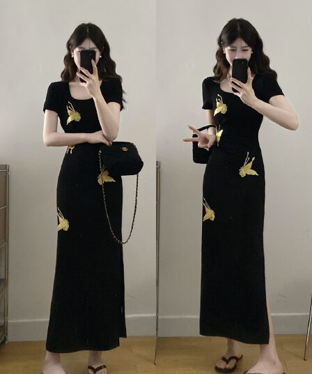 실사 빅 사이즈 레트로 나비 프린트 반팔 허리 수축 봄 여름 새로운 양면 트임 슬림해 보이는 드레스