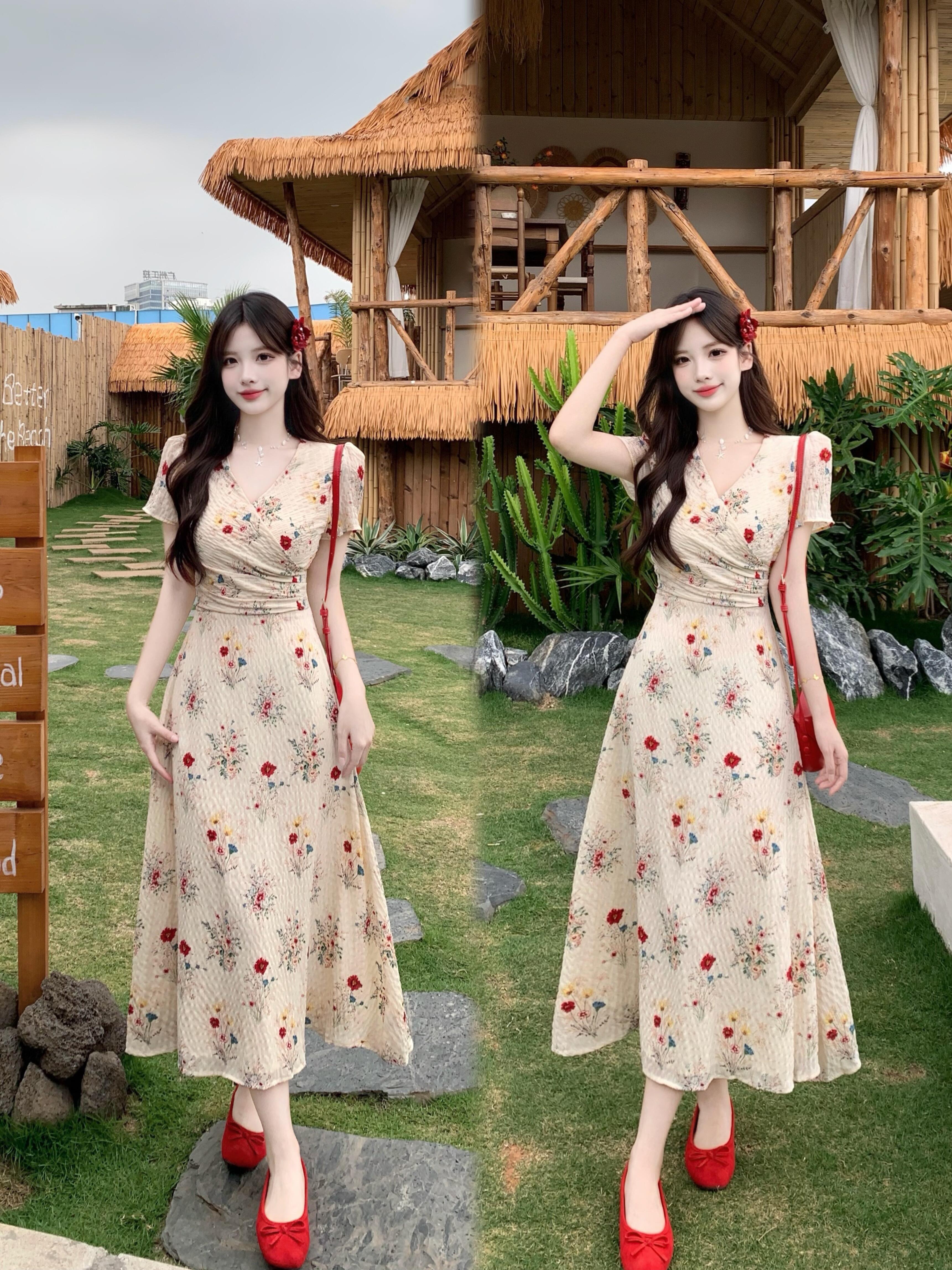 실사 빅 사이즈 석류 꽃말 꽃무늬 밝은 관대 한 부드러운 프랑스식 슬림해 보이는 품격 중간 길이 드레스