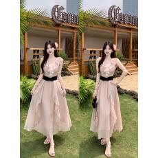 批发实拍大码晴雪汀兰 法式设计感荷叶边高腰款仙女裙度假连衣裙