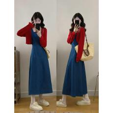 批发实拍大码无袖吊带裙收腰显瘦<b class='q'>牛仔</b>裙2025新款A字<b class='q'>长裙</b>+开衫