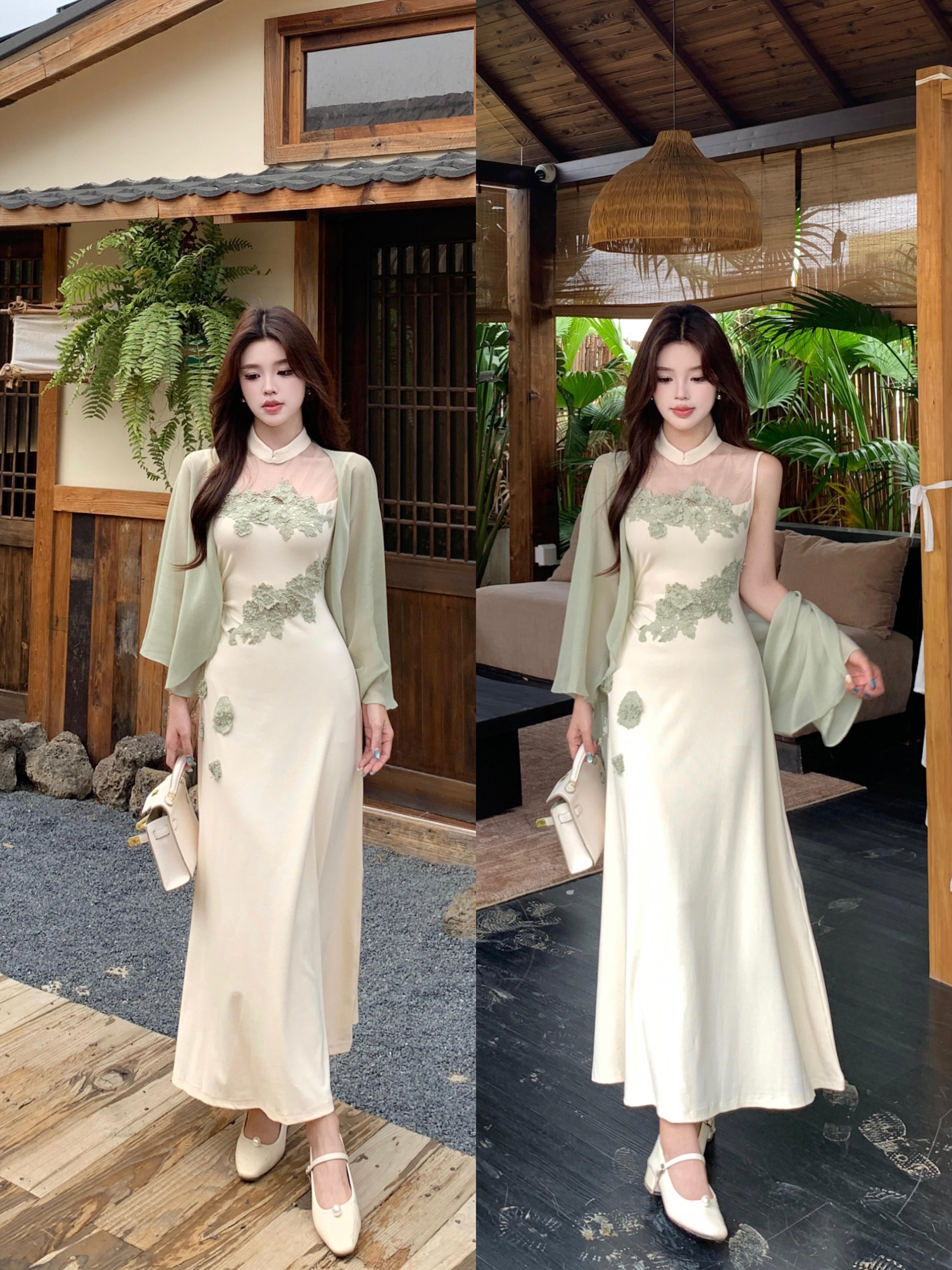 실사 빅 사이즈 새로운 중식 품격 국풍 스탠드 칼라 치파오 민소매 드레스 숄 여름 새로운 세트