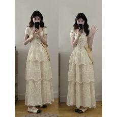 批发实拍大码<b class='q'>春</b>野花序夏季白色镂空蕾丝钩花长裙设计感收腰蛋糕裙