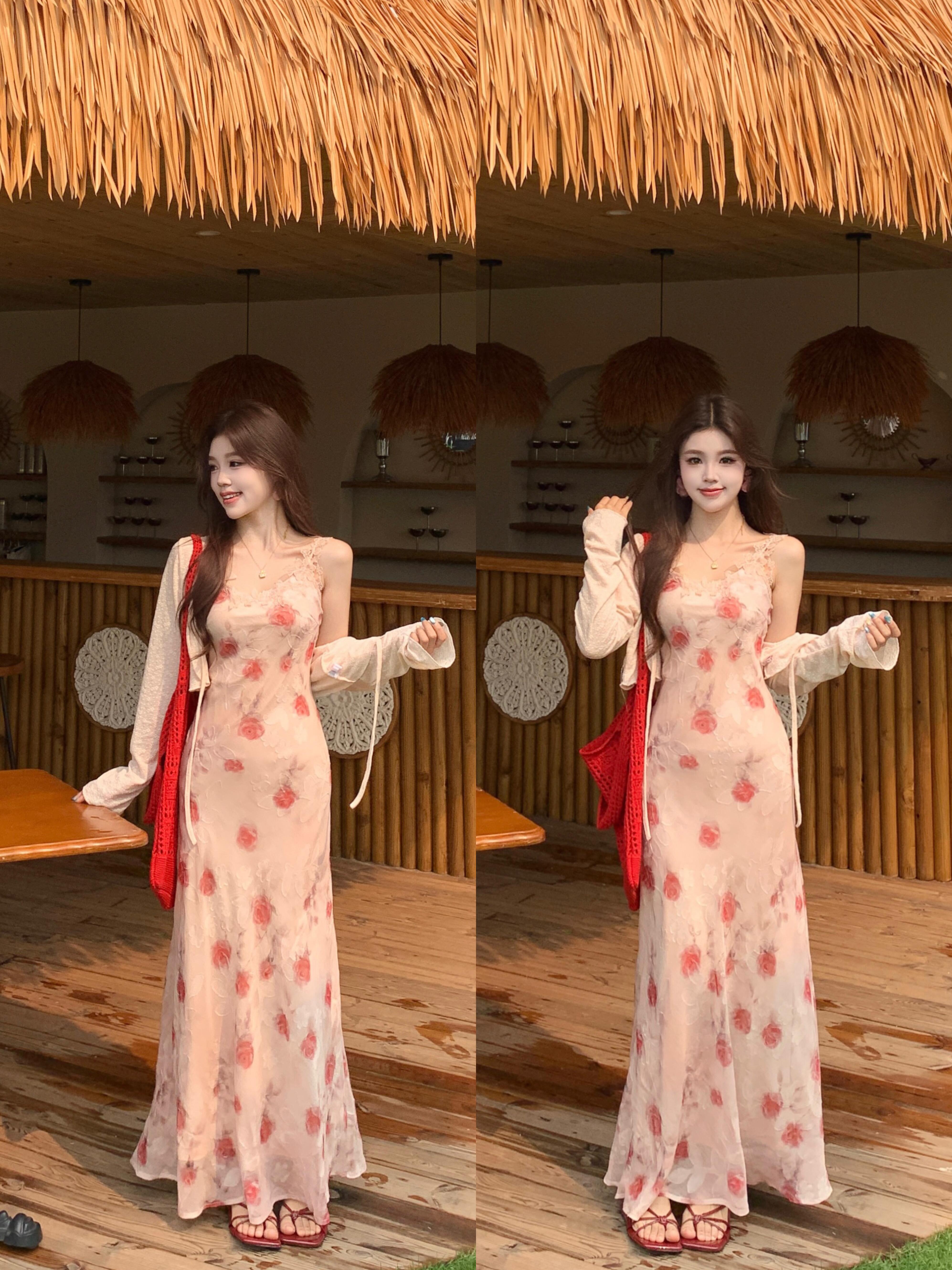 실사 빅 사이즈 달콤함 휴가 바람 허리 수축 꽃무늬 드레스 레이스 레이스 슬립 드레스 해변 롱 스커트 오픈 가디건