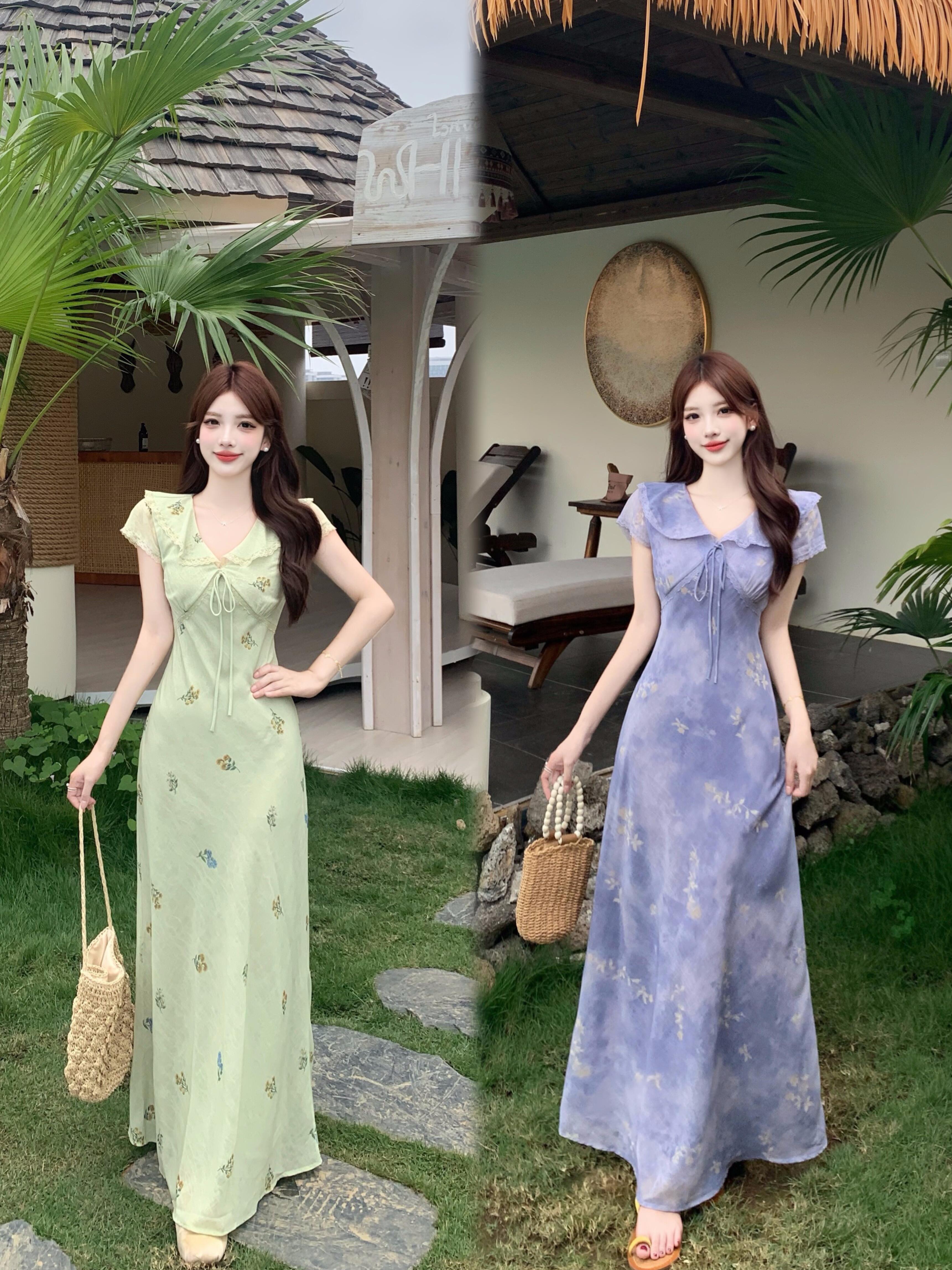 실사 빅 사이즈 프릴 V넥 레이스업 꽃무늬 치마 한 부서 품격 부드러운 달콤함 우아함 몸매 가꾸기 여성 드레스