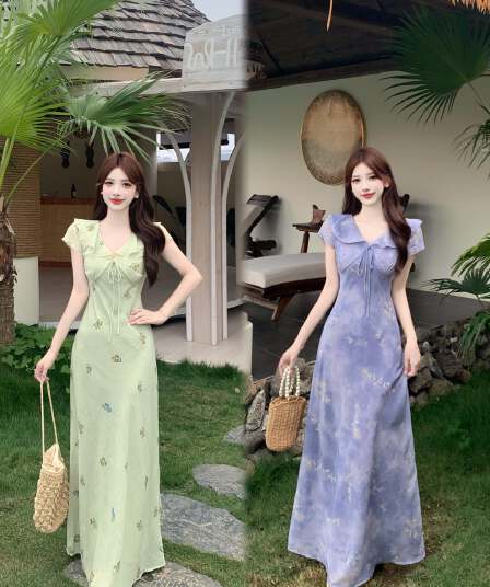 실사 빅 사이즈 프릴 V넥 레이스업 꽃무늬 치마 한 부서 품격 부드러운 달콤함 우아함 몸매 가꾸기 여성 드레스