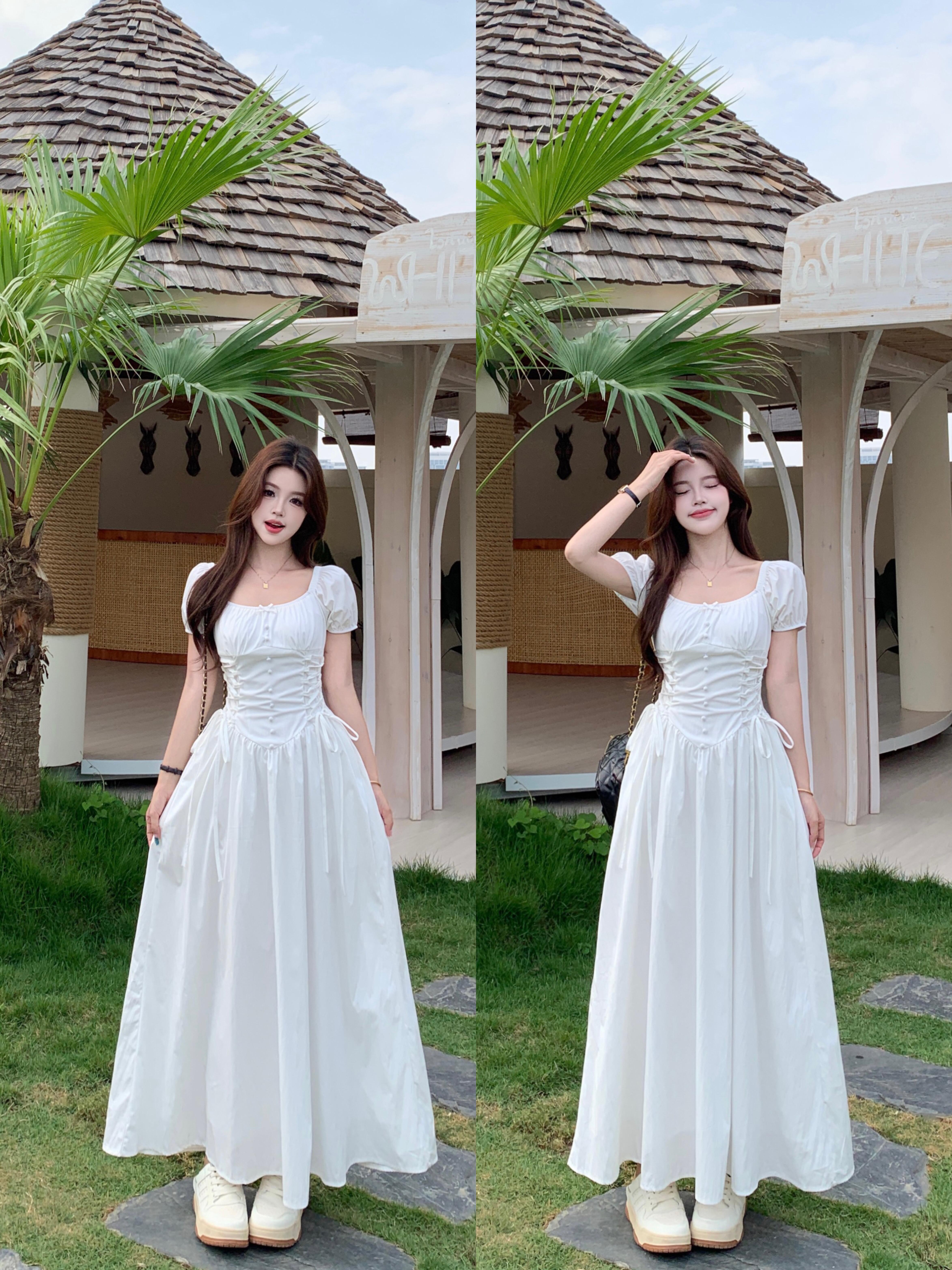 실사 빅 사이즈 프랑스식 광장 칼라 디자인 센스 스트랩 허리 수축 슬립 드레스 여름 롱 코트 한 마디 드레스