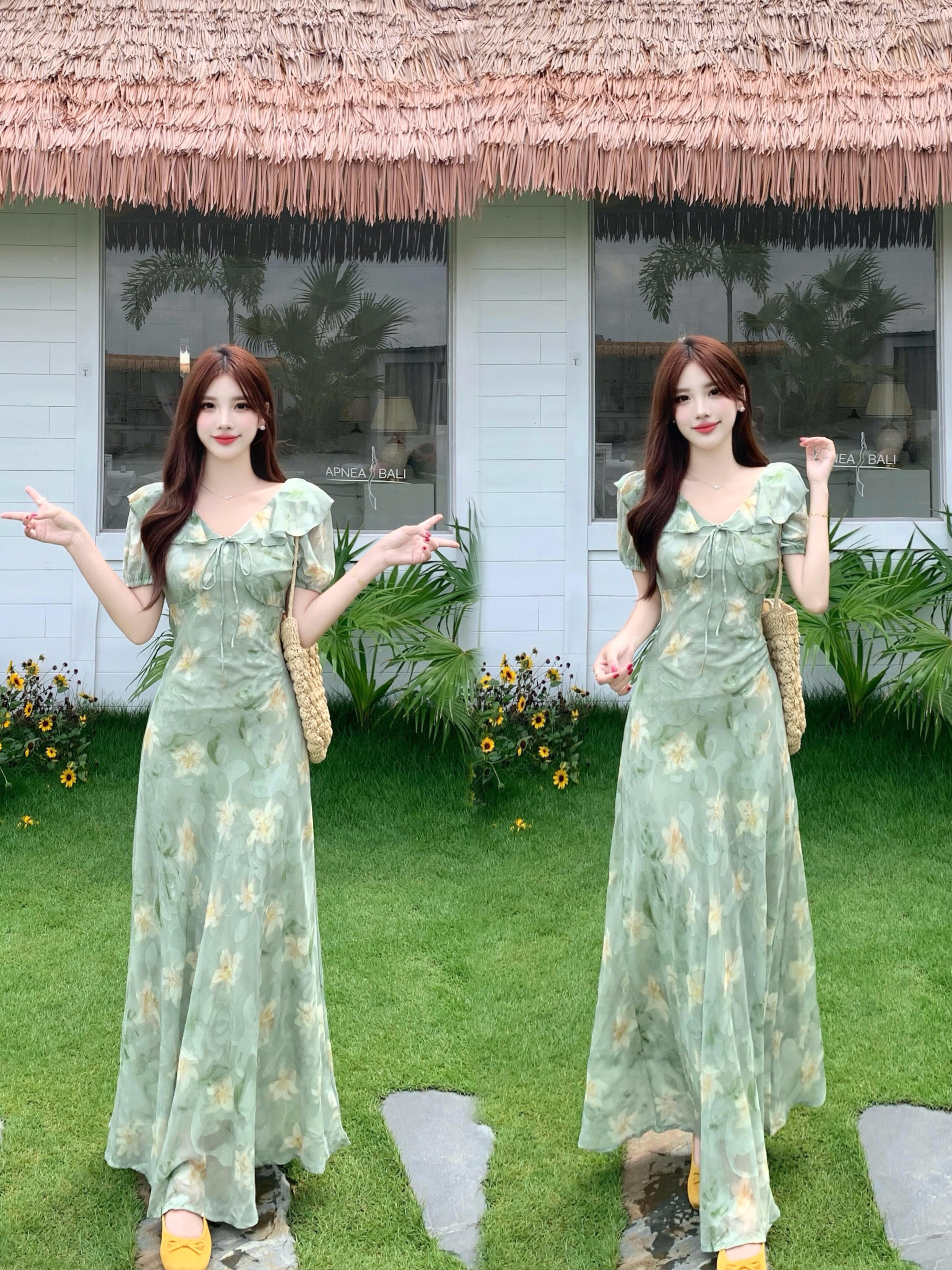 실사 빅 사이즈 프랑스식 프릴 V넥 꽃무늬 반팔 여성 드레스 여름 휴가 여행 하이웨이스트 품격 롱 스커트