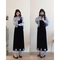 批发实拍<b class='q'>大码</b>法式假两件丝绒套装女秋千金礼服小洋装