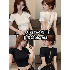 批发露背纯棉镂空抽绳上衣女夏季新款辣妹修身甜辣显瘦短款短袖insT恤