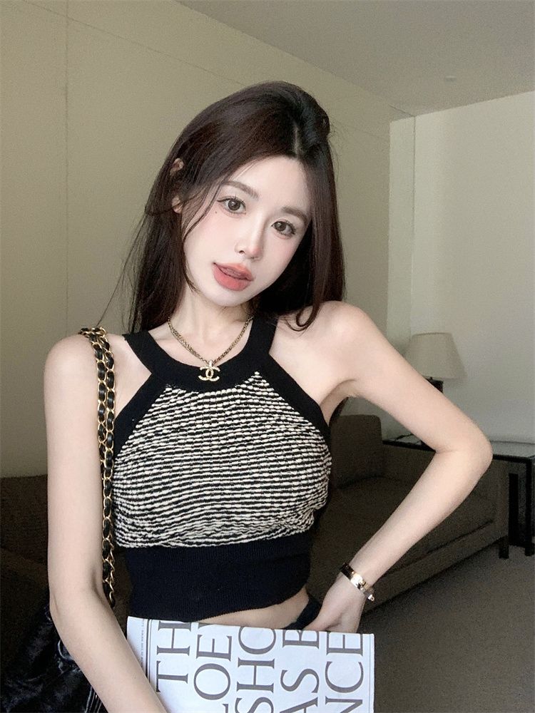 주간 고양이 흔들어서 톤 품질 핫걸 니트 슬립 작은 조끼 여성 여름 행침 목 쇼트 스타일 타이트 디자인 센스 맨위