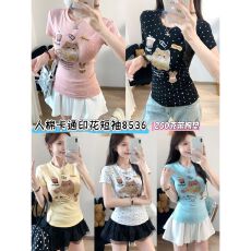 批发可爱休闲风<b class='q'>百搭</b>圆领减龄猫咪波点卡通印花短袖带胸垫
