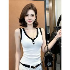 批发人棉260g】26<b class='q'>夏</b>季新款休闲撞色边修身V领背心女美式复古显瘦上衣