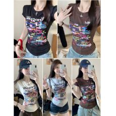 批发通勤甜酷辣妹不规则卡通印花短袖T恤女<b class='q'>百搭</b>正肩短款简约上衣