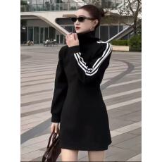 批发时尚半拉链高领条纹长袖连衣裙女宽松运动风气质休闲显瘦卫衣裙潮